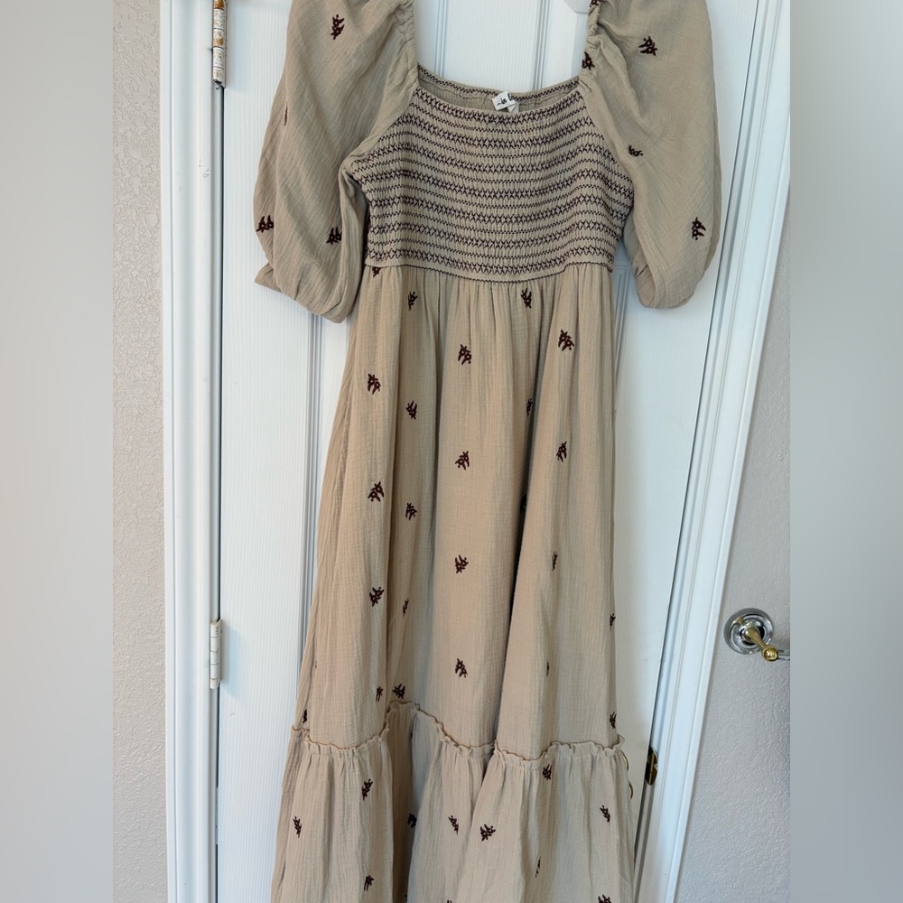 Charming Beige Women’s  Dress with Embroidered Accents